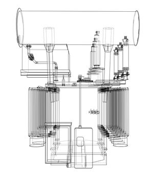 High-voltage transformer concept. 3d illustration. Wire-frame style