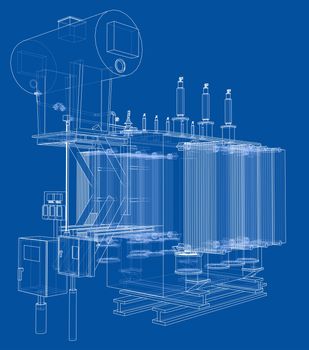 High-voltage transformer concept. 3d illustration. Wire-frame style