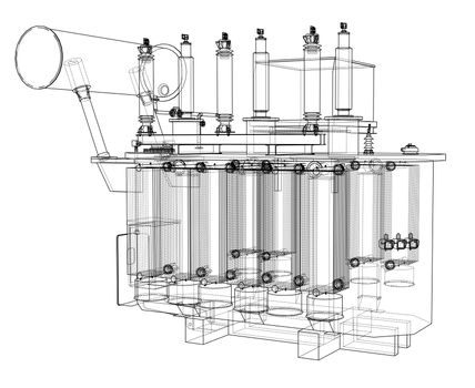 High-voltage transformer concept. 3d illustration. Wire-frame style