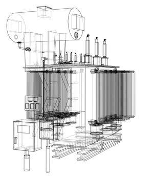 High-voltage transformer concept. 3d illustration. Wire-frame style