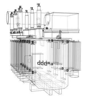 High-voltage transformer concept. 3d illustration. Wire-frame style