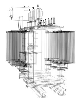 High-voltage transformer concept. 3d illustration. Wire-frame style