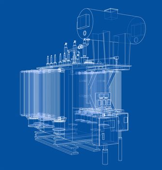 High-voltage transformer concept. 3d illustration. Wire-frame style