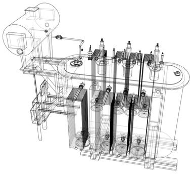 High-voltage transformer concept. 3d illustration. Wire-frame style