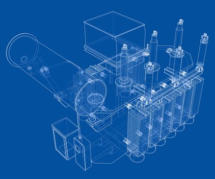 High-voltage transformer concept. 3d illustration. Wire-frame style