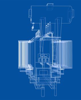 High-voltage transformer concept. 3d illustration. Wire-frame style