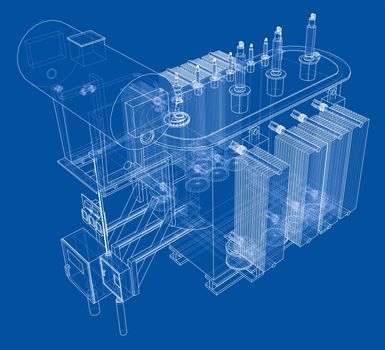 High-voltage transformer concept. 3d illustration. Wire-frame style