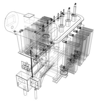 High-voltage transformer concept. 3d illustration. Wire-frame style