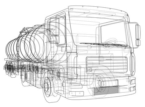 Truck with tank concept. 3d illustration. Wire-frame style