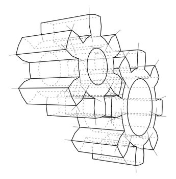 3D gear wheel. 3d illustration. Wire-frame style