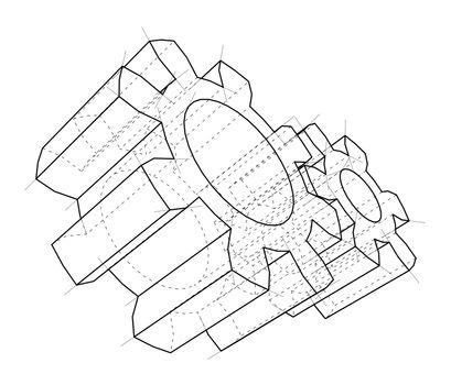 3D gear wheel. 3d illustration. Wire-frame style