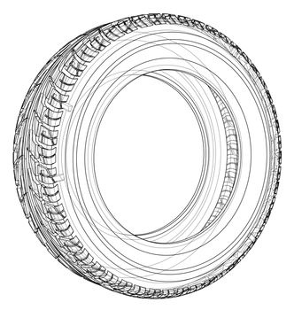 Car tire concept. 3d illustration. Wire-frame style