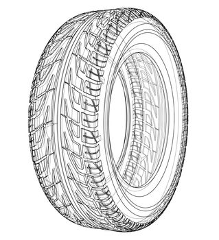 Car tire concept. 3d illustration. Wire-frame style