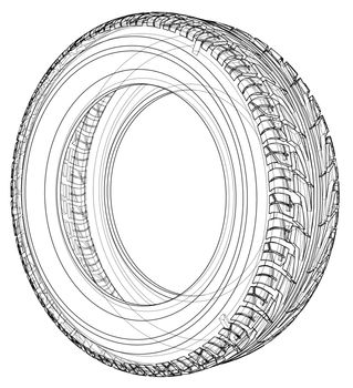 Car tire concept. 3d illustration. Wire-frame style