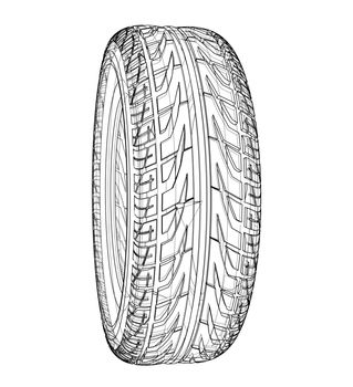 Car tire concept. 3d illustration. Wire-frame style