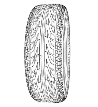 Car tire concept. 3d illustration. Wire-frame style