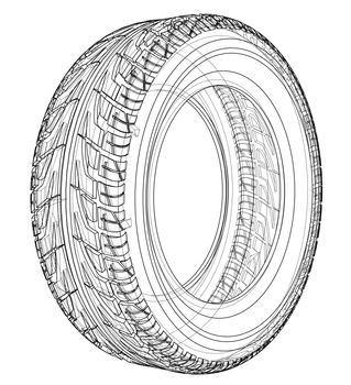 Car tire concept. 3d illustration. Wire-frame style