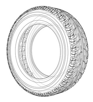 Car tire concept. 3d illustration. Wire-frame style