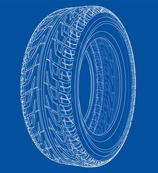 Car tire concept. 3d illustration. Wire-frame style