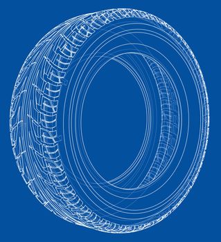 Car tire concept. 3d illustration. Wire-frame style