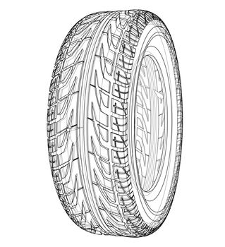 Car tire concept. 3d illustration. Wire-frame style