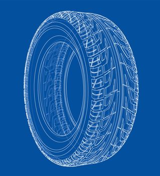 Car tire concept. 3d illustration. Wire-frame style