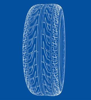 Car tire concept. 3d illustration. Wire-frame style