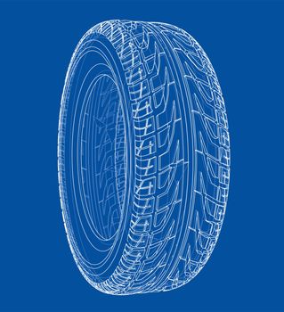 Car tire concept. 3d illustration. Wire-frame style