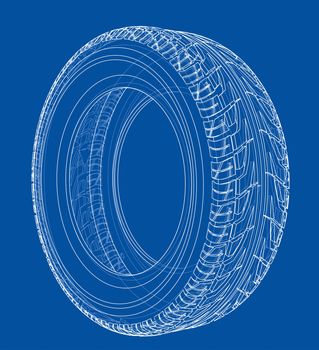 Car tire concept. 3d illustration. Wire-frame style