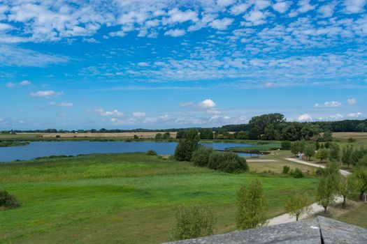 Panoramic view of the swimming, fishing and nature area Eixen lake. Shot from the lookout tower