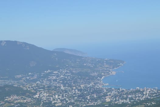 Panorama of the resort city of Yalta from AI-Petri mountain, Russia, Crimea 01.06.2018.