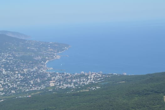 Panorama of the resort city of Yalta from AI-Petri mountain, Russia, Crimea 01.06.2018.