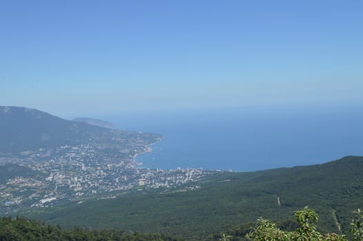 Panorama of the resort city of Yalta from AI-Petri mountain, Russia, Crimea 01.06.2018.