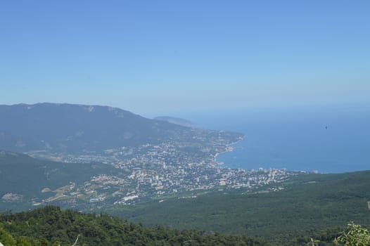 Panorama of the resort city of Yalta from AI-Petri mountain, Russia, Crimea 01.06.2018.