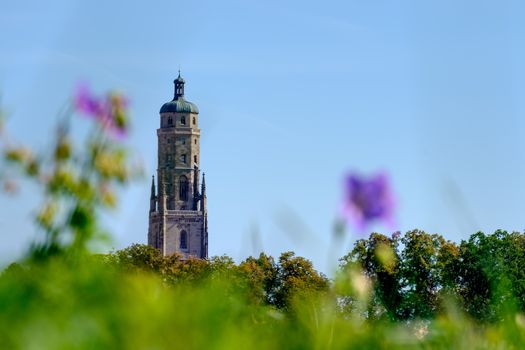 View to tower Daniel of St. Georg church in Noerdlingen in Germany