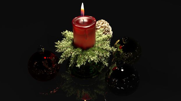 Christmas candle and ornaments over indoor dark background - 3d rendering