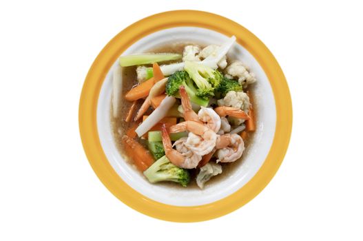 stir-fried  shrimp with mixed vegetables on dish over white background