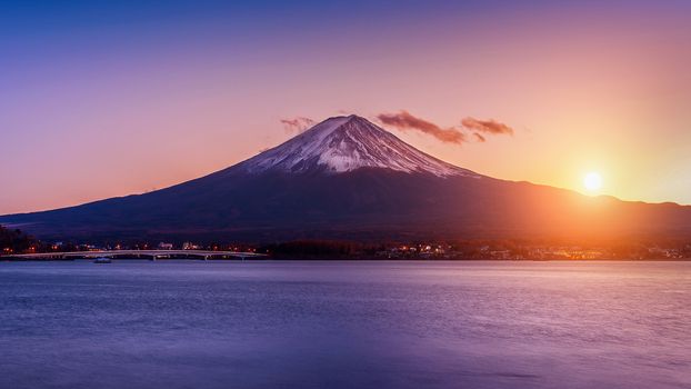 Fuji mountain and Kawaguchiko lake at sunset, Autumn seasons Fuji mountain at yamanachi in Japan.
