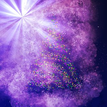 Christmas bokeh tree on blue light ray background with snowflakes