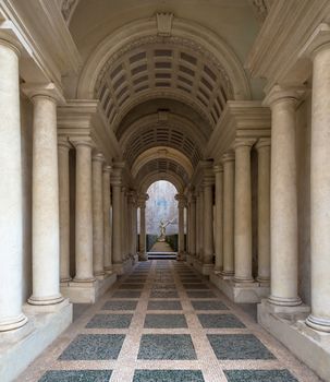 ROME, ITALY - August 23, 2018: Prospettiva Borromini (Borromini Perspective), corridor with marble columns in this luxury palace