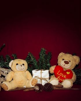merry christmas postcard design with teddy bear and gift box red