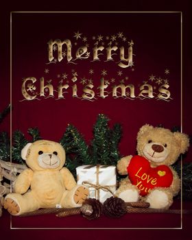 merry christmas postcard design with teddy bear and gift box red