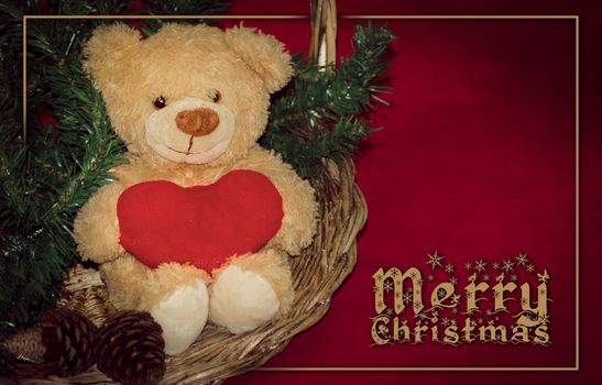 merry christmas postcard design with teddy bear and gift box red