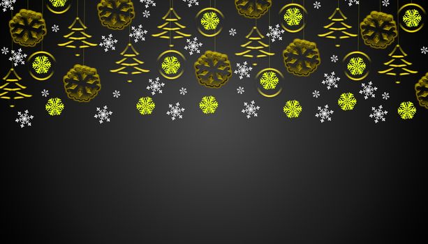 Black christmas background with golden hanging ornaments and snowflakes hanging from top
