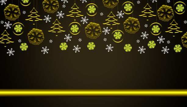 Brown christmas background with golden hanging ornaments and snowflakes hanging from top