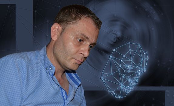 Biometric verification - young man face recognition concept