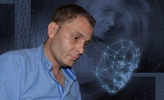 Biometric verification - young man face recognition concept