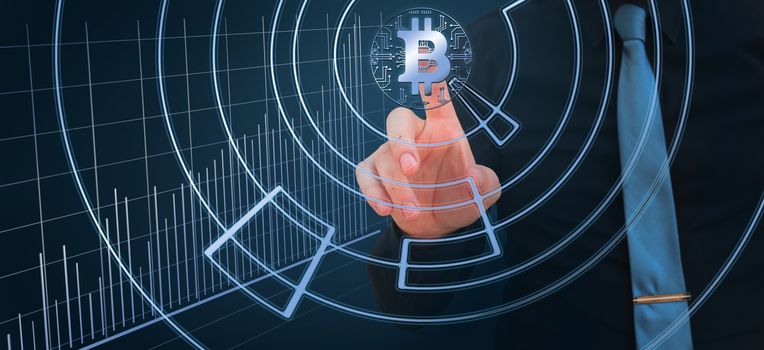 businessman pointing finger on the bitcoin digital cryptocurrency with stock market chart, cryptocurrency concept