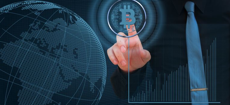 businessman pointing finger on the bitcoin digital cryptocurrency with stock market chart and globe, cryptocurrency concept