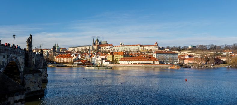 Panorama view of the Cathedral of St. Vitus, Prague castle, Charles bridge and the Vltava River in advent christmas time, Prague cityscape, Czech Republic.
